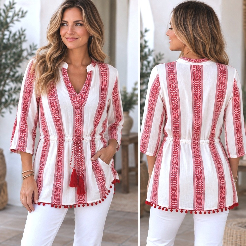 Bindu Women Red White Geometric Stripe Tunic Top Pom Pom Tassel Waist Size M